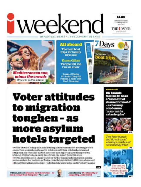 The headline on the front page of the i Paper reads: “Voter attitudes to migration toughen - as more asylum hotels targeted”.