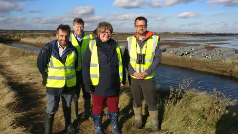 RSPB Adam Rowlands, David Kemp, Therese Coffey and Aaron Howe on Havergate Island