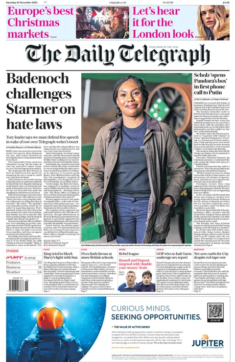 "Badenoch challenges Starmer connected  hatred  laws", headlines the Daily Telegraph 