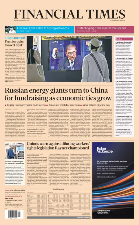 The headline on the front page of the Financial Times reads: "Russian energy giants turn to China for fundraising as economic ties grow".