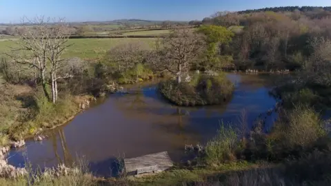 Leander Ward /Wayfarer Media An aerial view of part of Goldsmith's farm. There is a large pond surrounded by grass and trees. A bench looks out onto the pond. It is a sunny day with blue skies.