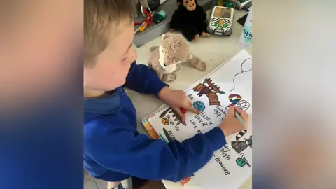 Samantha Evans-Browning A boy in a blue school uniform is drawing pictures of animals on a piece of paper, he is writing Happy 99th birthday to Sir David Attenborough.