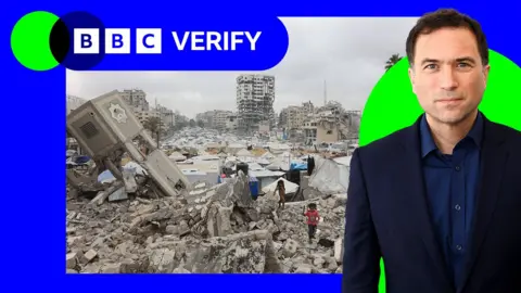 Ros Atkins imposed on graphic of destroyed buildings in Gaza