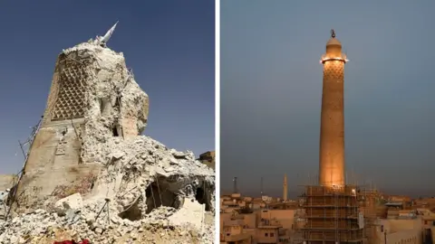 Reuters The image of the destroyed al-hadba minaret sits side by side with another picture of the newly dressed minaret that rises into the sky