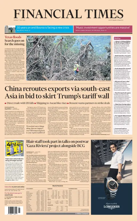 The FT front page with sa story on China rerouting exports via South-East Asia as it seeks to avoid Trump's tariffs. 