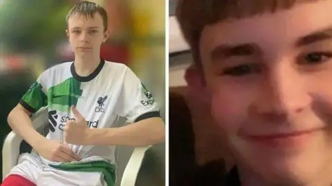 Avon and Somerset Police Two boys are pictured in a collage next to each other. Mason Rist is pictured in a football top with his thumb up. Max Dixon is pictured smiling.