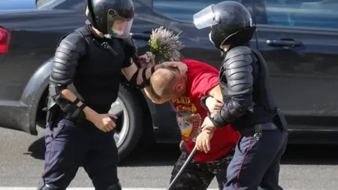 Police detain a man in Minsk, Belarus. Photo: 12 August 2020