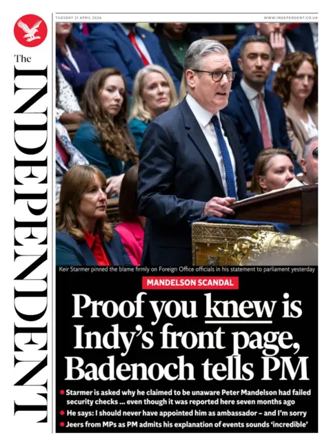 "Proof you knew is Indy's front page, Badenoch tells PM" reads the headline on the front page of the Independent.