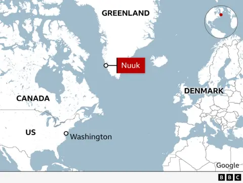 A map shows where Greenland is in the world - with its capital city Nuuk, Canada, the US and Denmark also pinpointed. 