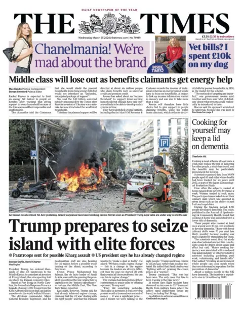 The headline on the front page of the Times reads: "Trump prepares to seize island with elite forces."
