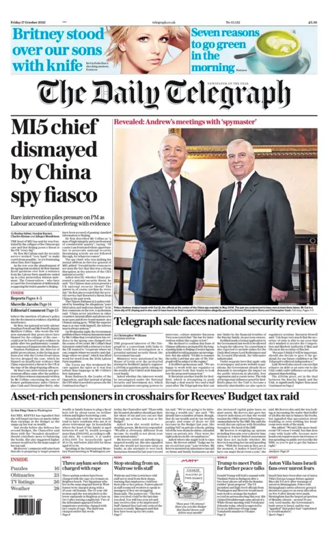The headline on the front page of the Telegraph reads: “MI5 chief dismayed by China spy fiasco”.