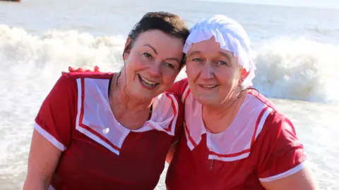 Sian and Emma at the Felixstowe sea dip