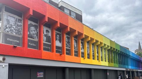 A multicoloured facade at the Queensmere Shopping Centre in Slough