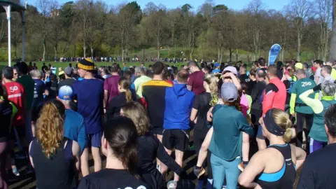 Chris Clarke Crowd of runners at Shrewsbury Parkrun