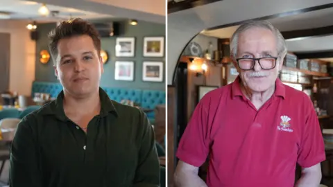 Shaun Whitmore/BBC A composite image of two pictures. On the left is a picture of Seb Uczen from the Coach and Horses in Dersingham. He is standing in a diner and is looking directly at the camera and is wearing a black shirt. On the right, is John Higginson who is standing inside a pub. He is looking directly at the camera and has a pair of glasses on his face and is wearing a red short-sleeved polo shirt.