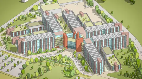 A CGI of the new Leighton hospital plans. It shows a six-storey cross shaped building with trees and roads around it.