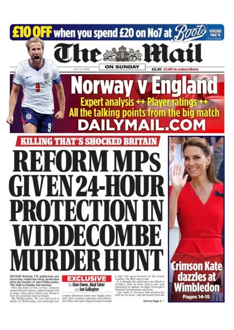"Reform MPs given 24-hour protection in Widdecombe murder hunt," reads the headline on the front page of the Mail on Sunday.