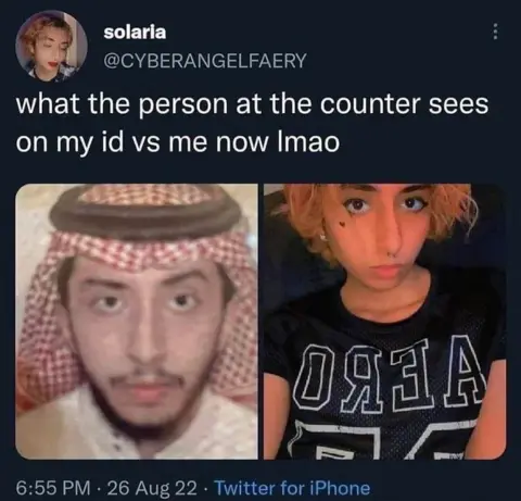 X Tweet from Eden Knight which went viral. It reads: "What the person at the counter sees on my identification versus me now, lmao [laughing my ass off]."