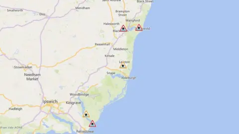 Gov.uk Flood warnings displayed on a map- Lowestoft, Bawdsey, Bblythburgh and Felixstowe