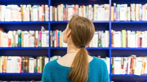 Rear view of a person with long brown hair in a ponytail, looking at bookshelves filled with books on vibrant blue shelves.