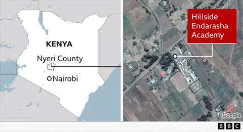 Composite image of map of Kenya showing where Nyeri County is, near Nairobi (left) and a satellite image of where Hillside Endarasha Academy is located (right)