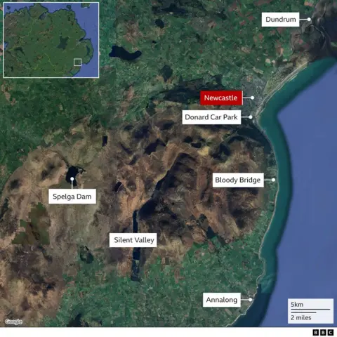 A map showing areas of the Mourne Mountains or areas near them such as Spelga Dam, Silent Valley, Annalong, Bloody Bridge , Donard Car Park and Newcastle.