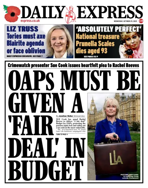"OAPs must be given a 'fair deal' in budget" reads the headline on the front page of the Daily Express.