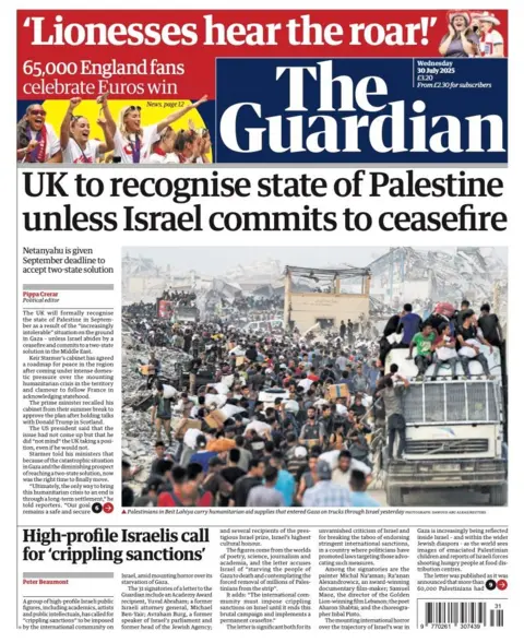  "UK to recognise state of Palestine unless Israel commits to ceasefire".