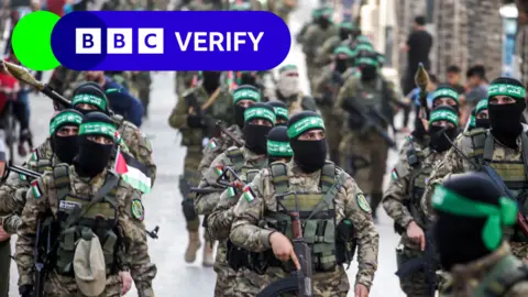 Getty Images Hamas fighters on a march in Gaza in 2021
