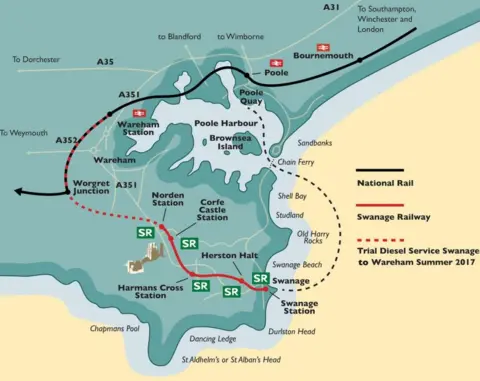 Swanage Railway Map of Swanage to Wareham route