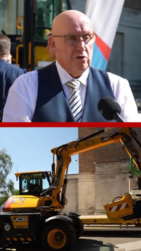 A composite image of Nottinghamshire County Council leader Mick Barton and a JCB pothole repair truck