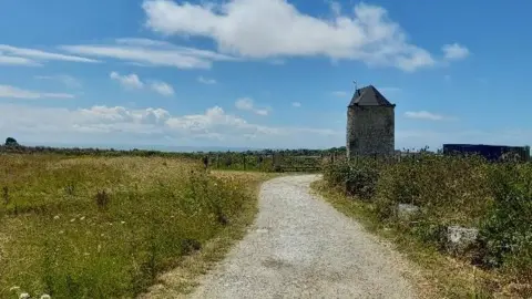 Fraggle Rock Girl TUESDAY - Overgrown green meadows with some white wild flowers to the left and a pale grey, gravel path in the centre that leads to a gate and fence. there is a narrow, tall stone building to the right of the fence. The sky above is blue and flecked with white cloud