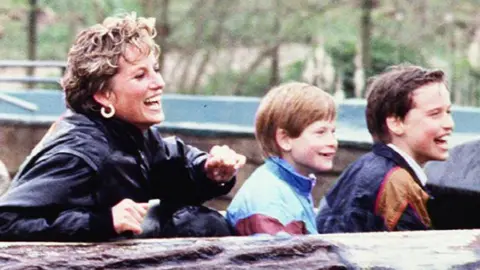 PA Media Diana, Princess of Wales with her sons in 1993 at Thorpe Park in Surrey