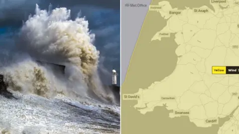 Getty Images | Met Office Two images showing map of Wales and wave crashing into sea defences in Porthcawl