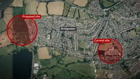 an aerial map showing the school's current site in a red circle with the new proposed site shown to the west on the edge of the town in another red circle