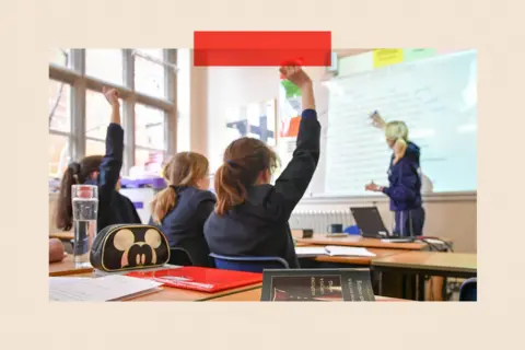 PA Media Students raise their hands as a teacher writes on a whiteboard
