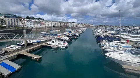 Rows of boards moored next to pontoons in a harbour on a cloudy day, with a series of buildings running behind them.