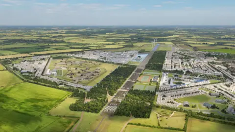 A CGI aerial view of a new housing development, with a runway running through the middle and three wind turbines at the end 