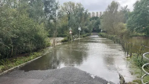 Tony Fisher/BBC A large pool of water stretches over a bridge as far as the eye can see.