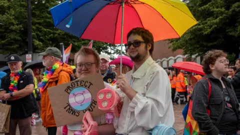 Wolverhampton Today Two people standing next to each other and smiling for the camera. One is dressed in a white shirt and holding a rainbow umbrella. The other is holding a cardboard sign which says "protect trans youth" with a blue, pink and white circle in the middle. Other people are standing around them nearby.