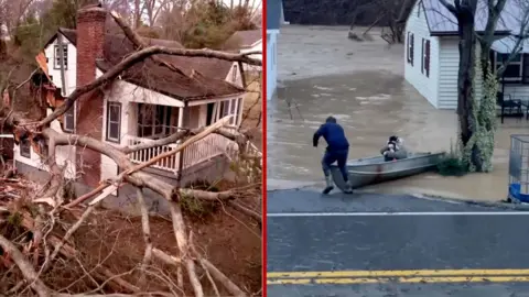 Split screen of house crushed by fallen tree and a woman being rescued by flood waters