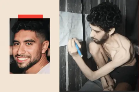  Evyatar David smiling on the left and on the right, a still from a video released by Hamas showing him emaciated and weak while being held hostage