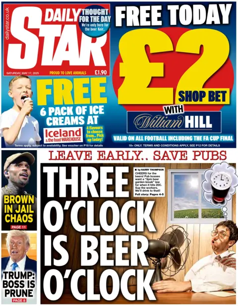 The front cover of the Daily Star has "Three o'clock is beer o'clock" as its headline. 