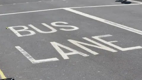 White painted capital letters on a road reading "BUS LANE".