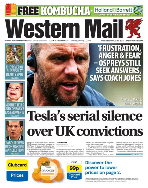 Western Mail Western Mail front page. Headline is: "Tesla's serial silence over UK convictions". Other headlines read: The river of rubbish at beauty spot, and 'frustration, anger & fear - Ospreys stills seek answers, says coach Jones. 