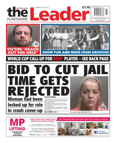 The Flintshire Leader Main headline: Bid to cut jail time gets rejected. Next to image of police mugshot.