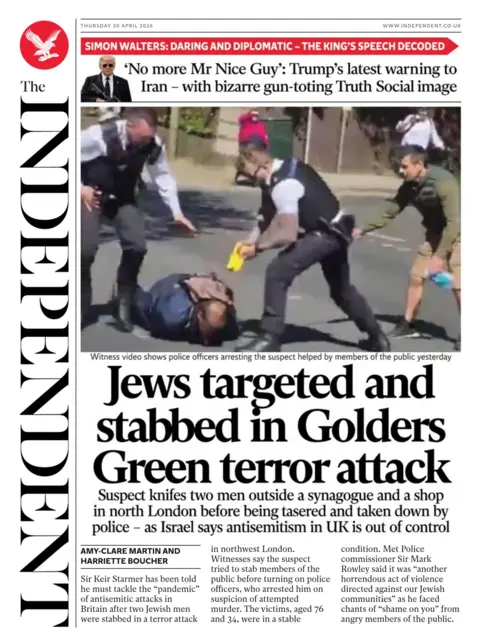 The headline on the front page of the Independent reads: "Jews targeted and stabbed in Golders Green terror attack."