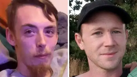 A composite image of Charlie Greaves on the left, who is smiling at the camera and has brown hair and a brown beard.  Michael O'Dwyer is on the right, smiling at the camera and wearing a black cap.  