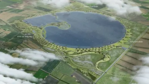 Anglian Water Ariel view of a graphic design of a reservoir, which has greenery and trees around it and is surrounded by fields and farms