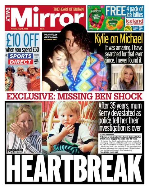 The headline on the front page of the Daily Mirror reads: "Heartbreak." 